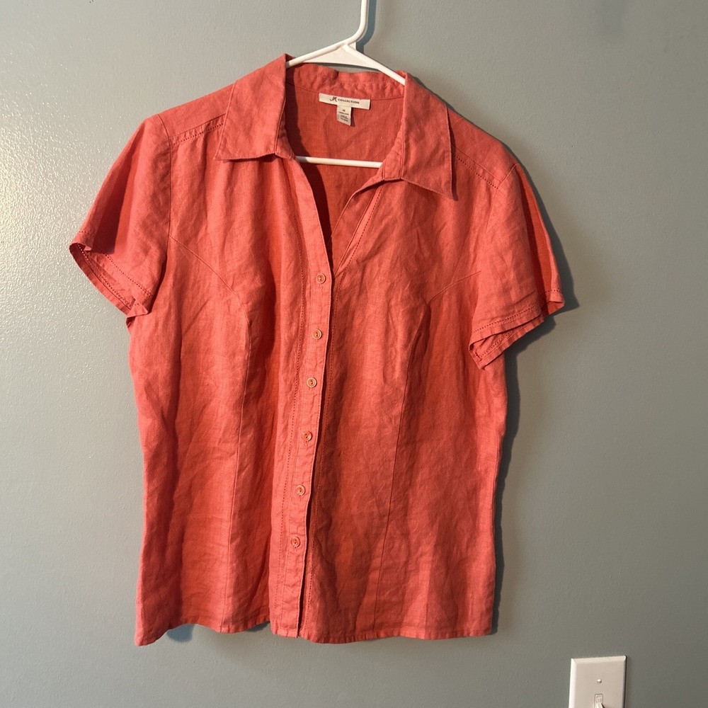 JM Collection Top Womens  12 Coral Linen Short Sleeve Button Up Casual